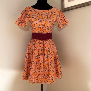 Mata Traders fair trade cotton floral dress, yellow burgundy, size XS